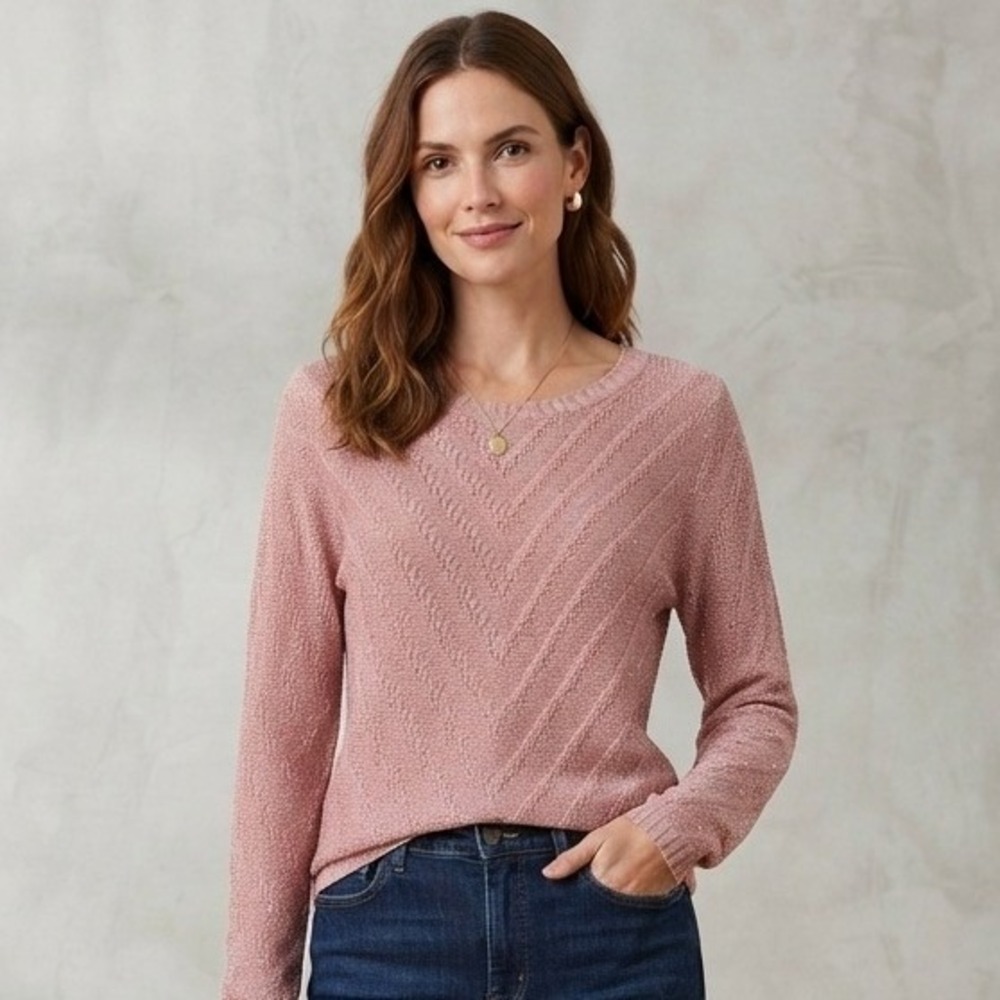 New Directions Pink Chevron Pointelle Knit Metallic Shimmer Sweater Large NWT